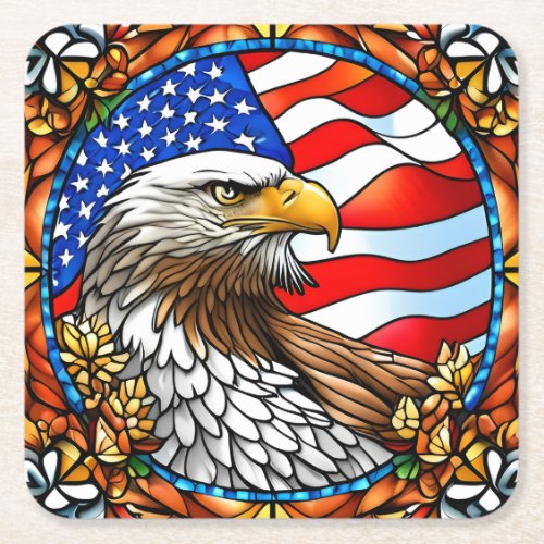 Patriotic American Bald Eagle Stained Glass Square Paper Coaster