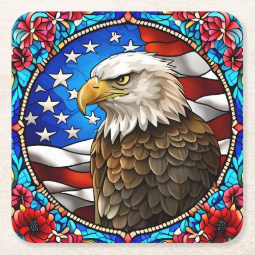 Patriotic American Bald Eagle Stained Glass Square Paper Coaster