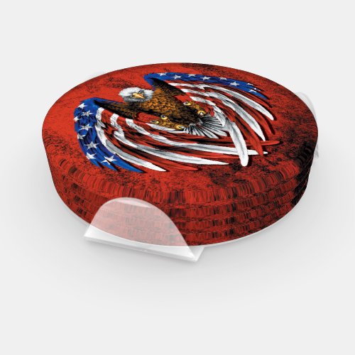 Patriotic American Bald Eagle US Flag  Coaster Set