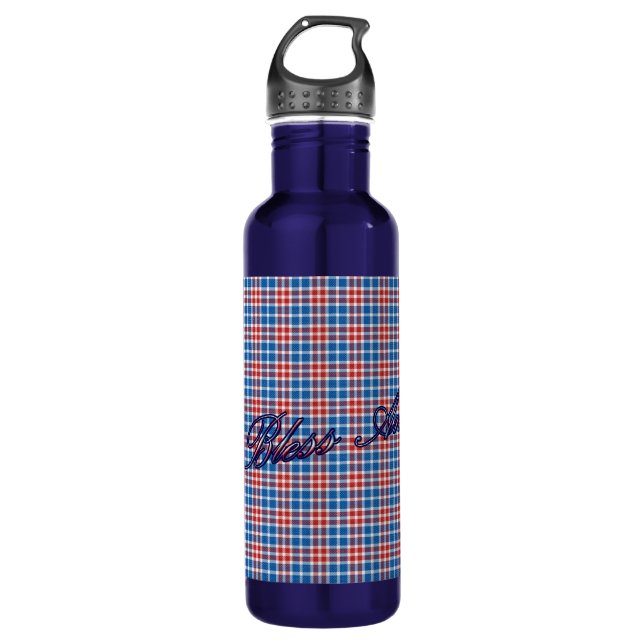Patriotic American Blue Plaid Customizable Stainless Steel Water Bottle (Front)