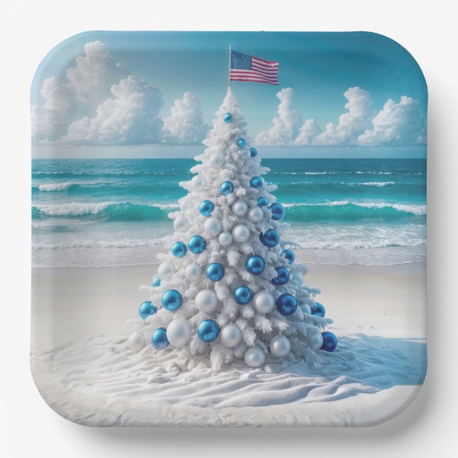 Patriotic American Christmas Tree On a Beach Paper Plates (Front)