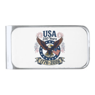 Patriotic American Eagle 250 Years 1776-2026 Silver Finish Money Clip