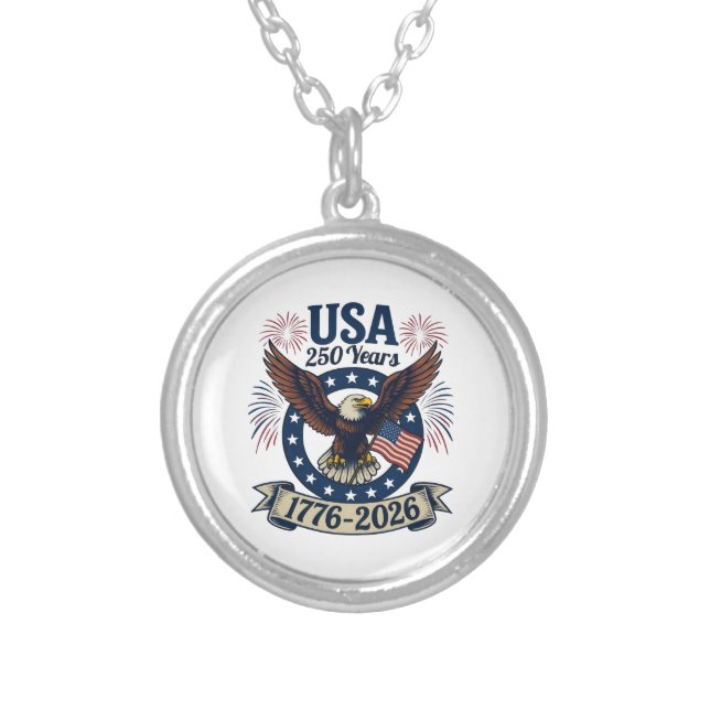 Patriotic American Eagle 250 Years 1776-2026 Silver Plated Necklace (Front)