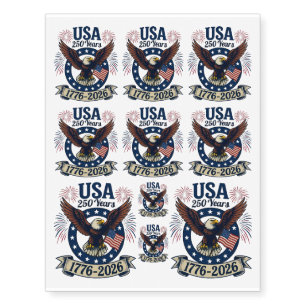 Patriotic American Eagle 250 Years 1776-2026 Temporary Tattoos