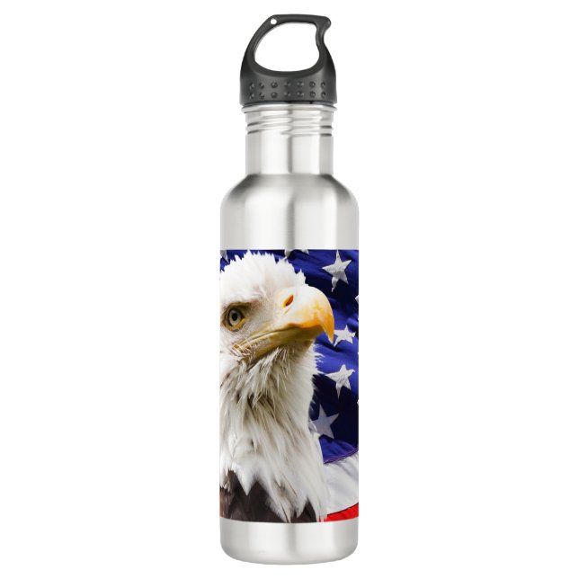 Patriotic American Eagle and Flag Stainless Steel Water Bottle (Front)