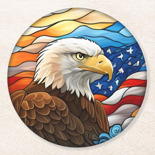 Patriotic American Eagle Flag Stained Glass Round Paper Coaster