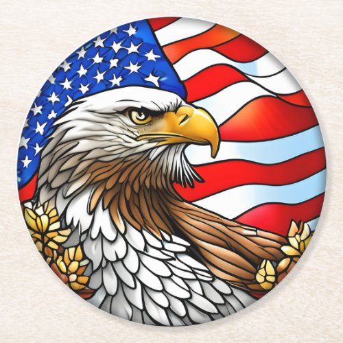 Patriotic American Eagle Flag Stained Glass Round Paper Coaster