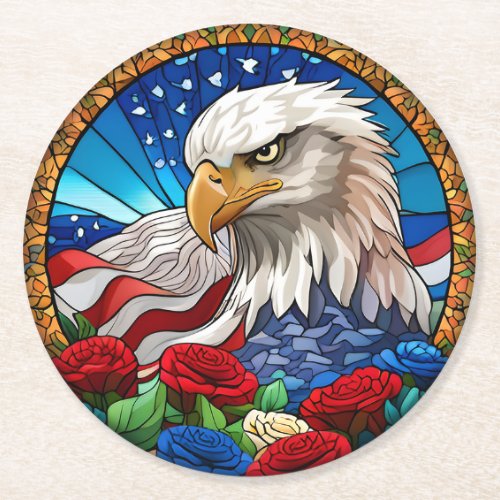 Patriotic American Eagle Flag Stained Glass Round Paper Coaster