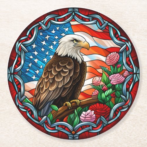 Patriotic American Eagle Flag Stained Glass Round Paper Coaster