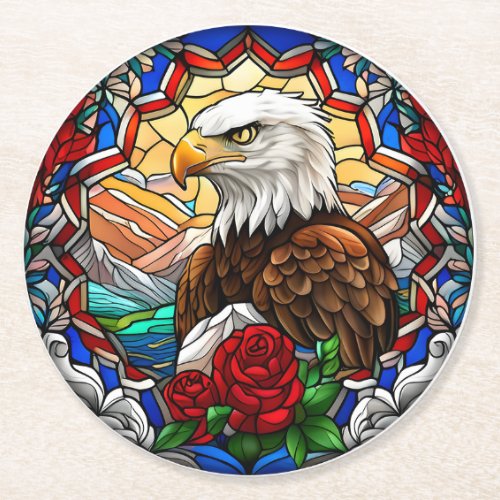 Patriotic American Eagle Floral Stained Glass Round Paper Coaster