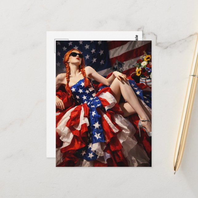 Patriotic American Fashions Woman in Dress Postcard (Front/Back In Situ)