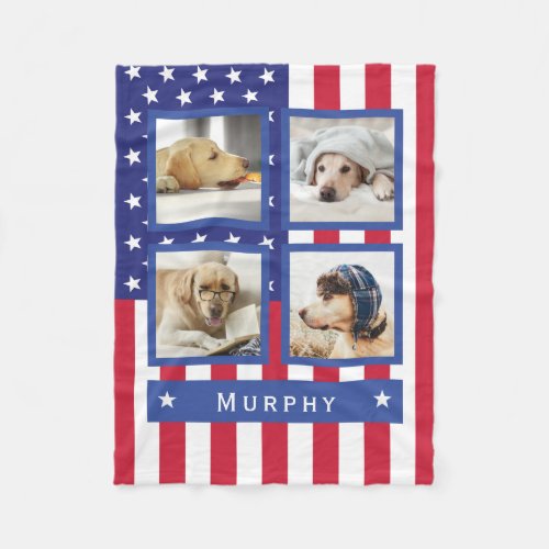Patriotic American Flag 4 Photo Monogram Dog Small Fleece Blanket