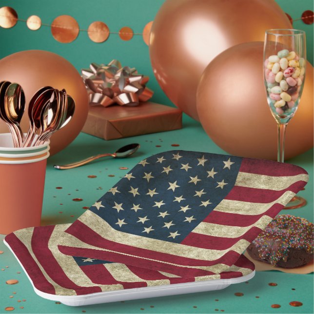 Patriotic American Flag 4th July Independence Day Paper Plates (Multi)