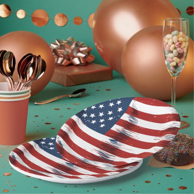 Patriotic American Flag 4th of July  Paper Plates (Multi)