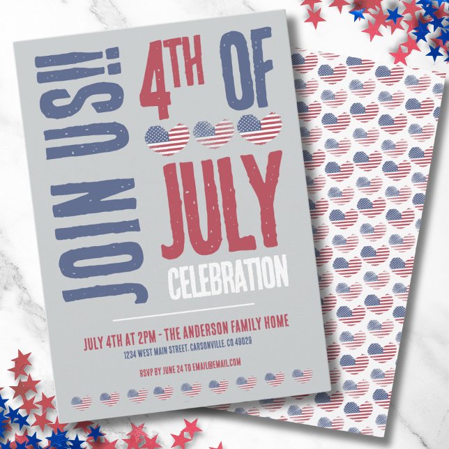 Patriotic American Flag 4th Of July Party Invitation (Cute Rustic Heart American Flag 4th Of July Party Invitation)