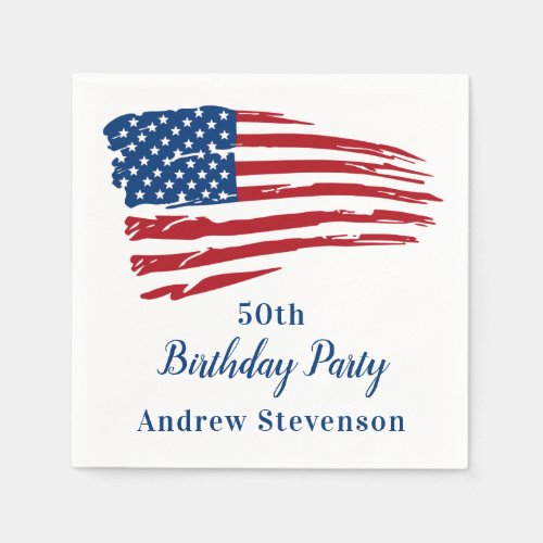 Patriotic American Flag 50th Birthday Party Napkins - Patriotic American Flag Military Birthday Party Napkins. Host your patriotic birthday party with this USA flag patriotic american flag party napkins. USA American flag modern red white and blue design. This military party napkins are also perfect for military graduation parties, retirement, soldier going away party, soldier welcome home party.. See our collection for matching military birthday invitations, gifts, party favors, and supplies.  COPYRIGHT © 2021 Judy Burrows, Black Dog Art - All Rights Reserved. Patriotic American Flag 50th Birthday Party Napkins
