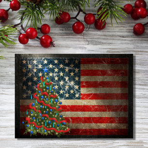 Patriotic American Flag and Christmas Tree Holiday Card