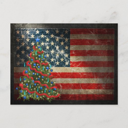 Patriotic American Flag and Christmas Tree Holiday Postcard