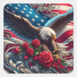 Patriotic American Flag and Eagle Square Sticker