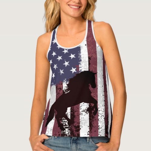 Patriotic American Flag and Silhouette Horse Tank Top