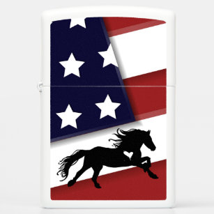 Patriotic American Flag and Silhouette Horse Zippo Lighter