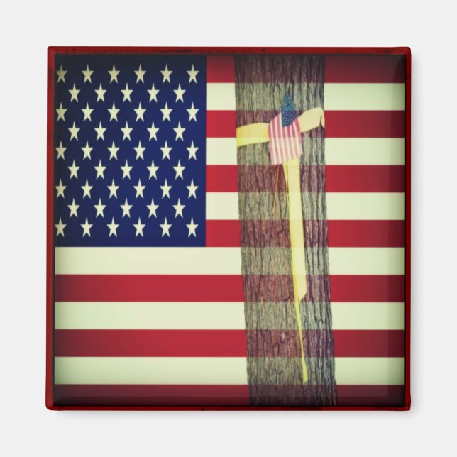 Patriotic American Flag and Yellow Ribbon Magnet (Front)