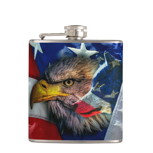 Patriotic American Flag Bald Eagle Wolf Flask (Front)