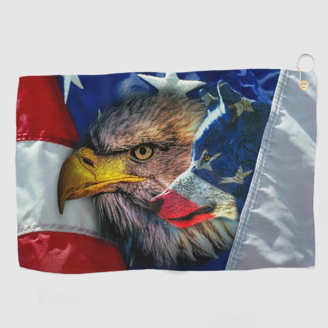 Patriotic American Flag Bald Eagle Wolf Golf Towel (Horizontal)