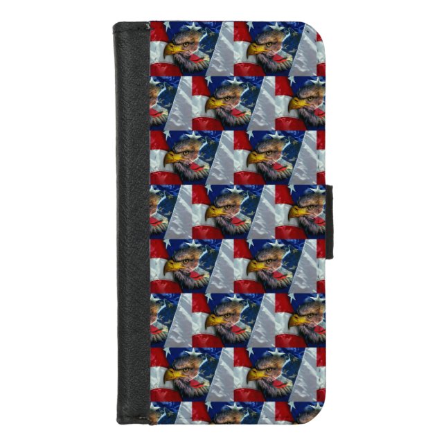 Patriotic American Flag Bald Eagle Wolf iPhone Wallet Case (Front)