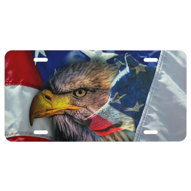 Patriotic American Flag Bald Eagle Wolf License Plate (Front)