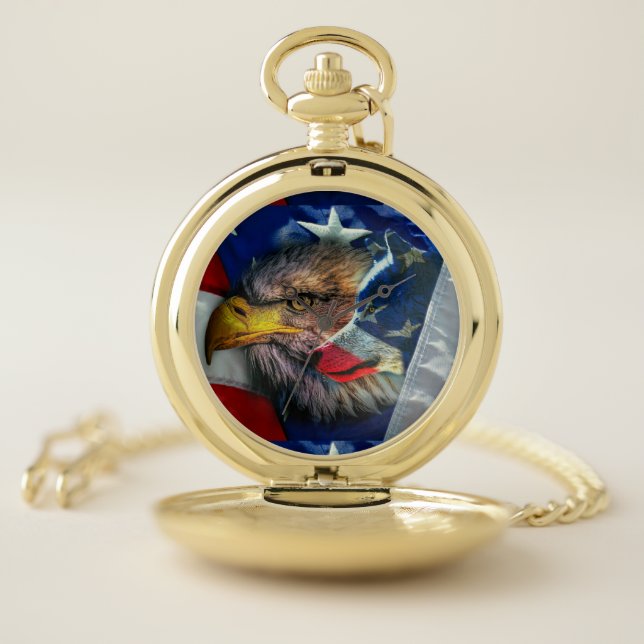 Patriotic American Flag Bald Eagle Wolf Pocket Watch (Inside)