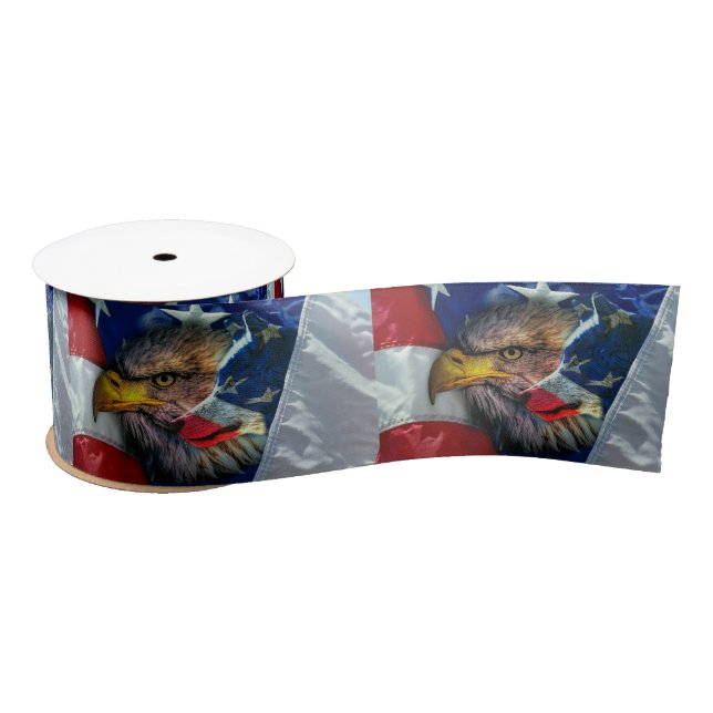 Patriotic American Flag Bald Eagle Wolf Satin Ribbon (Spool)