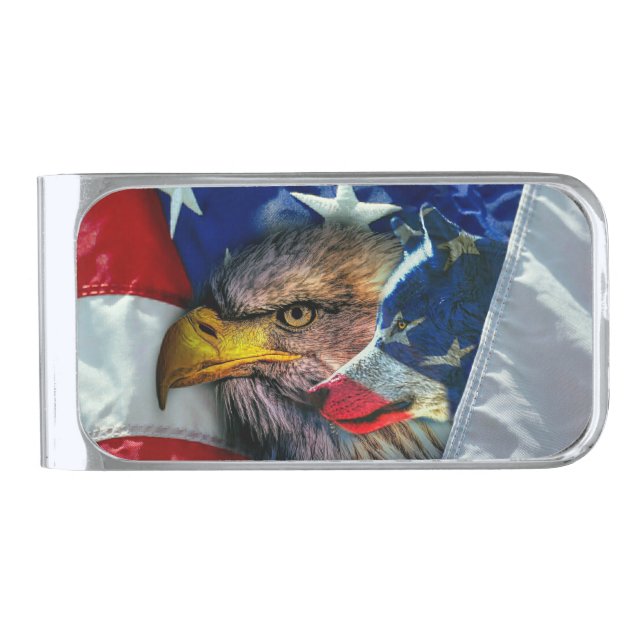 Patriotic American Flag Bald Eagle Wolf Silver Finish Money Clip (Front)