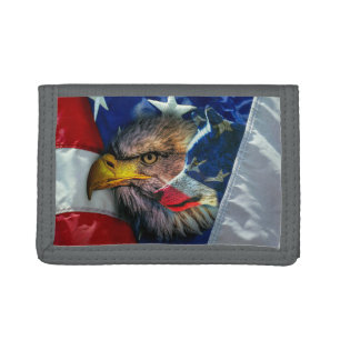 Patriotic American Flag Bald Eagle Wolf Tri-fold Wallet