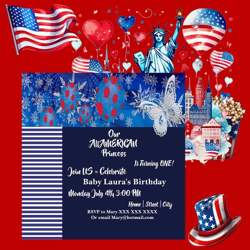 Patriotic American Flag Butterfly Balloon BirthDay Invitation