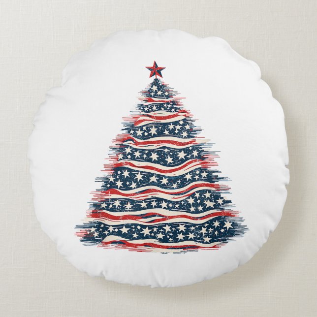 Patriotic American Flag Christmas Tree Round Pillow (Front)