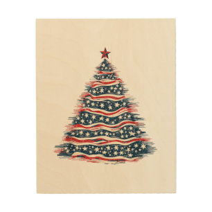 Patriotic American Flag Christmas Tree Wood Wall Art