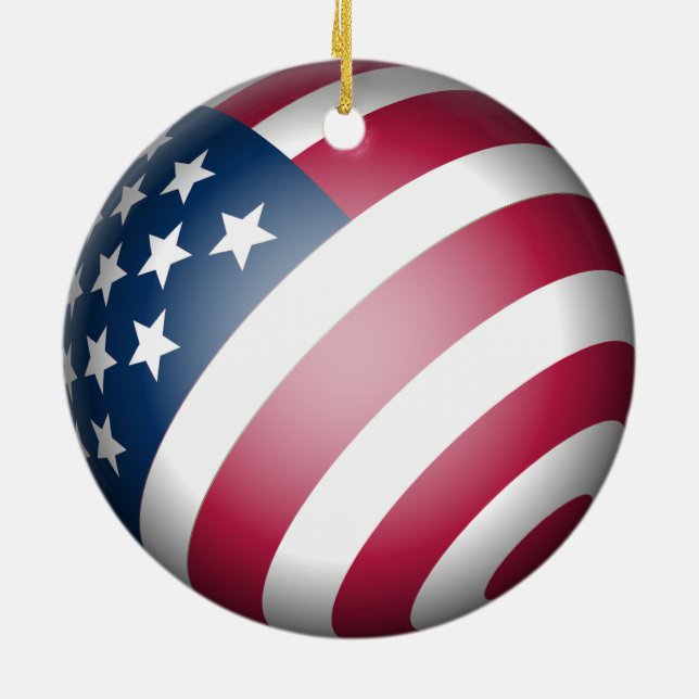 Patriotic American Flag, Cool Red White Blue Globe Ceramic Ornament (Back)