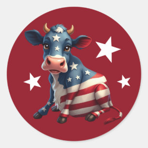 Patriotic American Flag Cow Illustration Classic Round Sticker