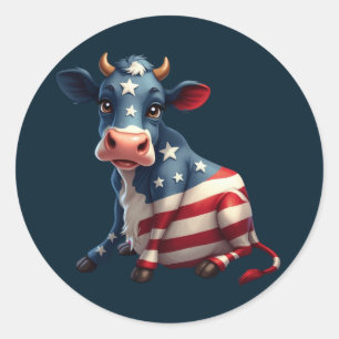 Patriotic American Flag Cow Illustration Classic Round Sticker