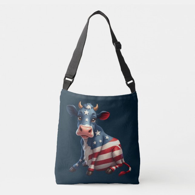 Patriotic American Flag Cow Illustration Crossbody Bag (Front)