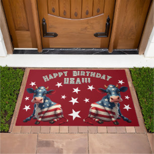 Patriotic American Flag Cow Illustration Doormat