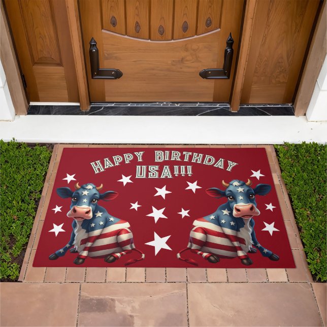 Patriotic American Flag Cow Illustration Doormat (Outdoor)