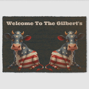 Patriotic American Flag Cow Illustration Fiber Doormat