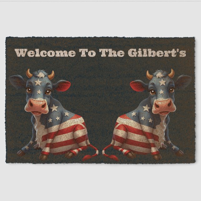Patriotic American Flag Cow Illustration Fiber Doormat (Front)