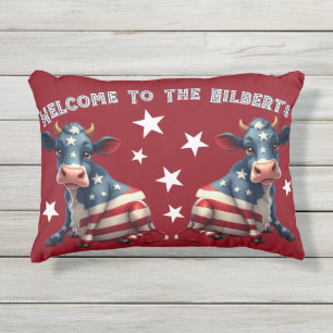 Patriotic American Flag Cow Illustration Outdoor Pillow