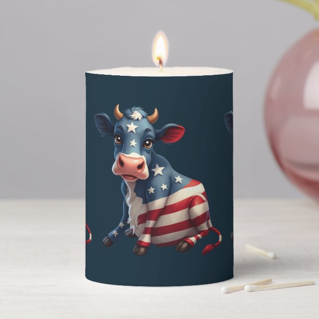 Patriotic American Flag Cow Illustration Pillar Candle (In Situ)