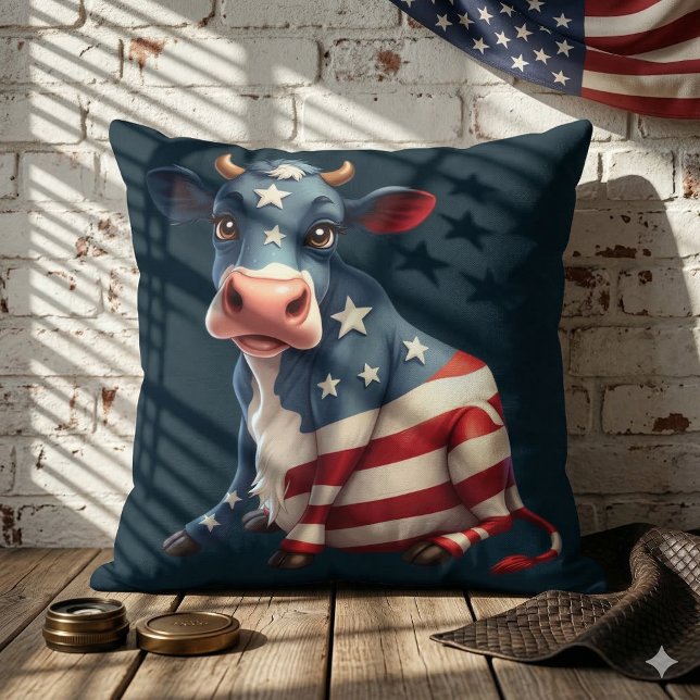 Patriotic American Flag Cow Illustration Throw Pillow (Patriotic American Flag Cow Illustration Throw Pillow Mockup B)