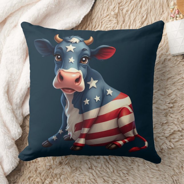 Patriotic American Flag Cow Illustration Throw Pillow (Blanket)