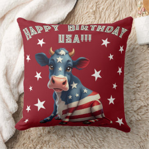 Patriotic American Flag Cow Illustration Throw Pillow